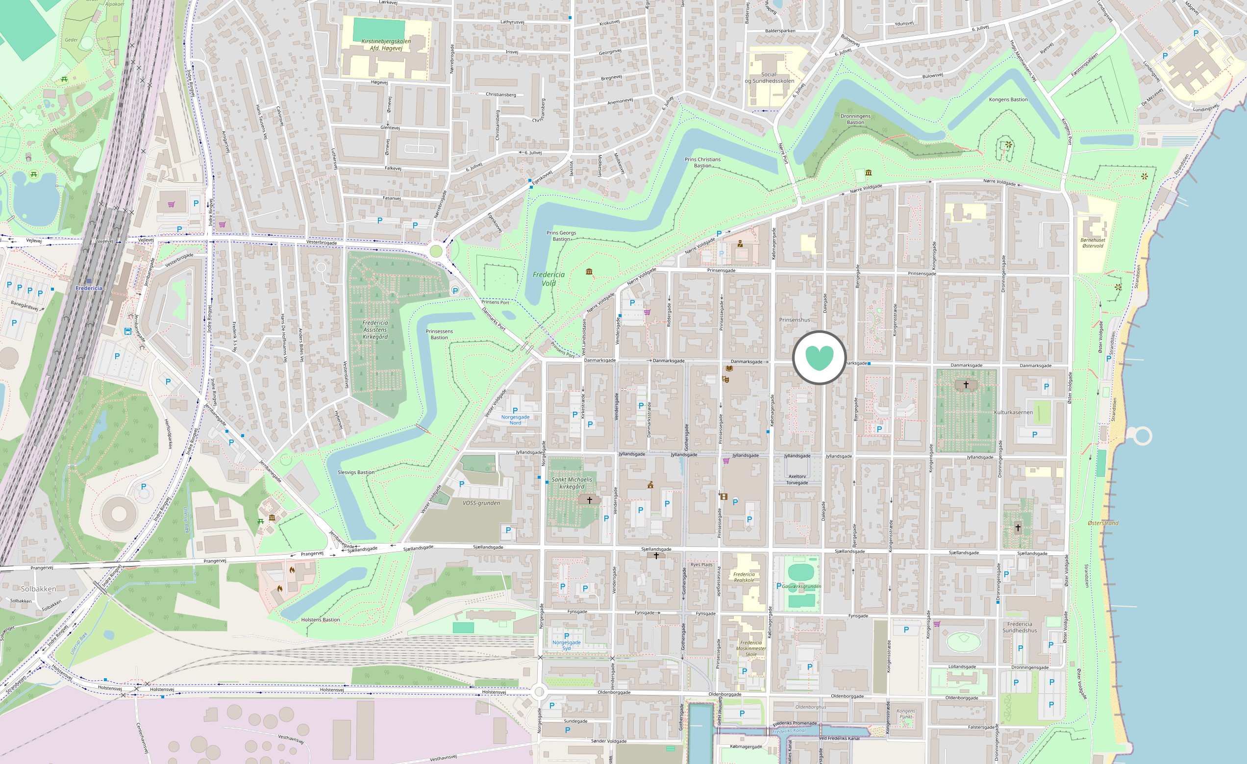 Kort over Fredericia, med et hjerte på hjørnet af Danmarksgade og Dalegade, hvor Sund i Centrum har adresse.